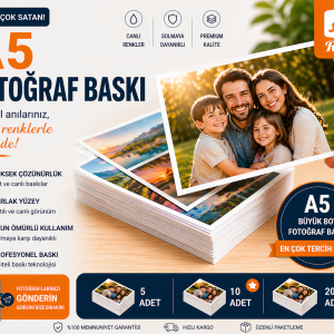 Epson L8180 profesyonel fotoğraf yazıcısı ve 260 gram premium fotoğraf kağıdı kullanılarak üretilen, yüksek çözünürlüklü A5 (14.8x21 cm) kişiye özel fotoğraf baskı.