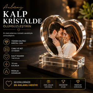 Kişiye Özel Kalp Kristal Fotoğraf – UV Baskılı Cam Kristal (14x14 cm)