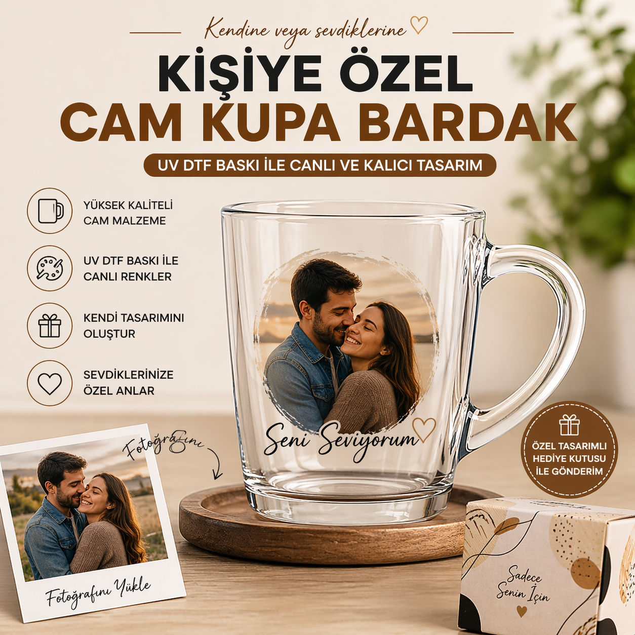 Kişiye Özel Cam Kupa Bardak – UV DTF Baskılı | Özel Kutulu Hediye