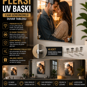 Cam görünümlü şeffaf pleksi malzeme üzerine canlı UV baskı teknolojisiyle üretilmiş kişiye özel fotoğraflı [masaüstü standlı / duvar montajlı yükseltici vidalı] [15 cm / 20 cm / 25 cm / 22x30 cm / 30x45 cm / 45x60 cm / 60x90 cm] dekoratif tablo.