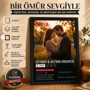 Kişiye özel fotoğraflı ve yazılı, dijital platform arayüzlü film afişi tasarımlı, siyah MDF çerçeveli ve UV baskılı A4 ahşap [sevgili / aile / arkadaş / baba] hediyesi tablo.