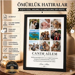 Kişiye Özel 9 Fotoğraflı Siyah Çerçeveli Ahşap Kolaj Tablo (A4 Boyut) - Sevgiliye, Aileye, Arkadaşa Hediye