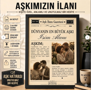 Kişiye özel fotoğraflı ve metinli, nostaljik gazete tasarımlı, siyah MDF çerçeveli ve UV baskılı A4 ahşap [babalar günü / sevgili / arkadaşlık] hediyesi tablo.