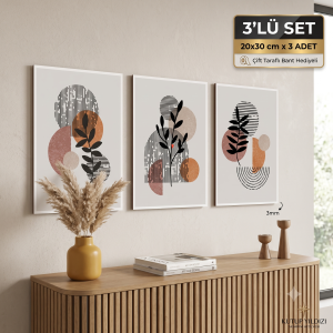 Kutup Yıldızı Tasarım Atölyesi 3'lü Soyut Botanik ve Geometrik Desenli Ahşap MDF Tablo Seti - Minimalist Boho Duvar Dekoru