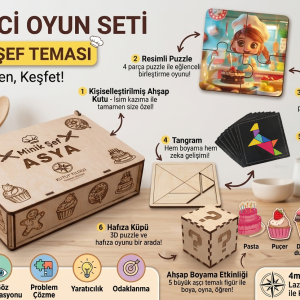 Kişiye özel isimli ve fotoğraflı, 7 farklı aktivite içeren, lazer kesim ve UV baskılı ahşap minik şef temalı eğitici oyun seti.