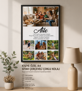 Siyah Çerçeveli Çoklu Fotoğraf Kolajı | Aile İsimli A4 MDF Tablo