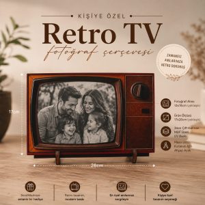 Kişiye özel tasarımlı, 3mm çift katmanlı MDF üzerine UV baskılı masaüstü retro televizyon ahşap fotoğraf çerçevesi.